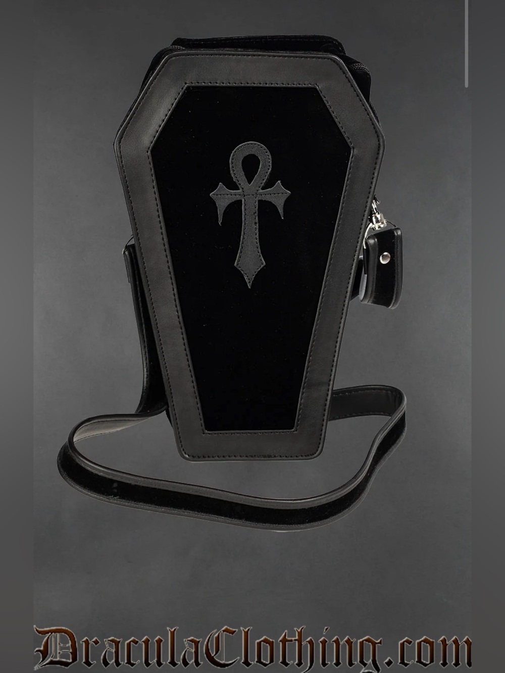 Dracula Clothing Black Velvet Faux Leather Ankh Coffin Bag